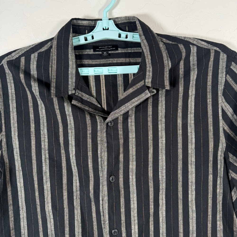 Banana Republic Shirt Mens XL Black Linen Blend Stripe Short Sleeve Camp Collar